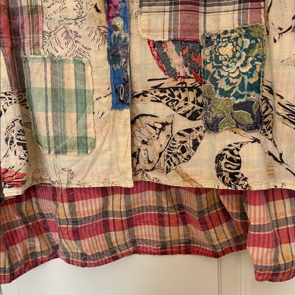 A Rare Bird Patchwork Button-Up Shirt with button cuffs high/low and patches - Picture 5 of 9